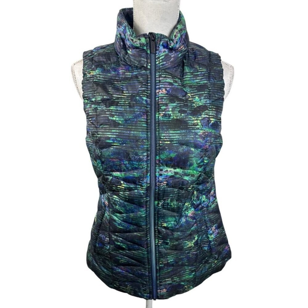 Athleta Women's S Altitude Goose Down Vest Green Blue‎ Quilted Zip EUC